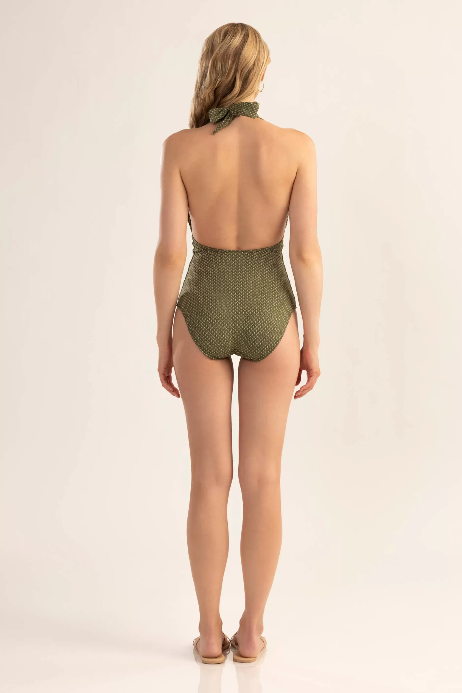 Outlet Shoshanna Olive Shine Texture Halter One Piece