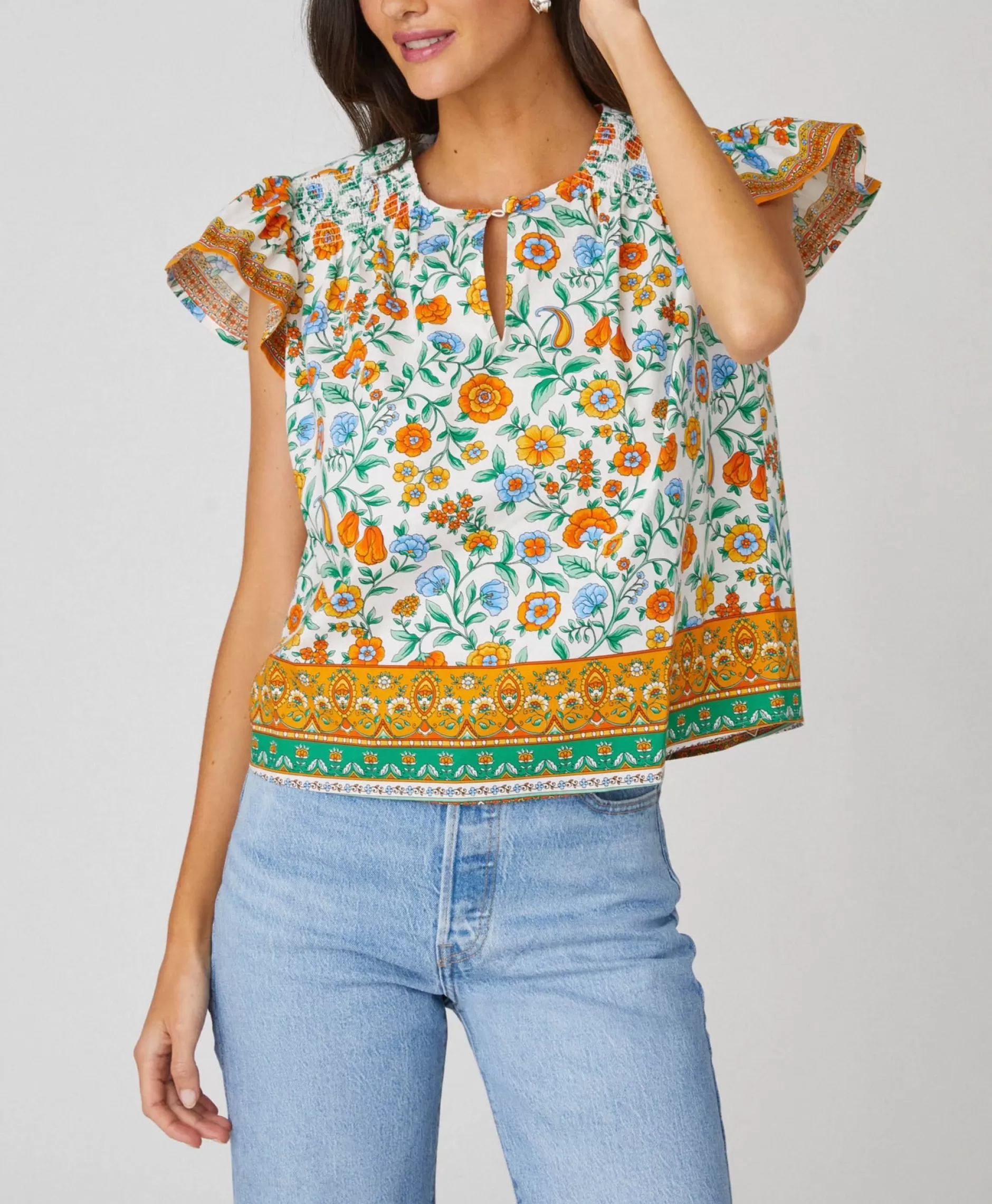 Store Shoshanna Paz Top Ivory/Light Blue/Saffron Multi